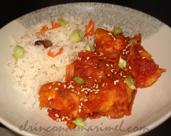 arroz crujiente con kimchi y miel